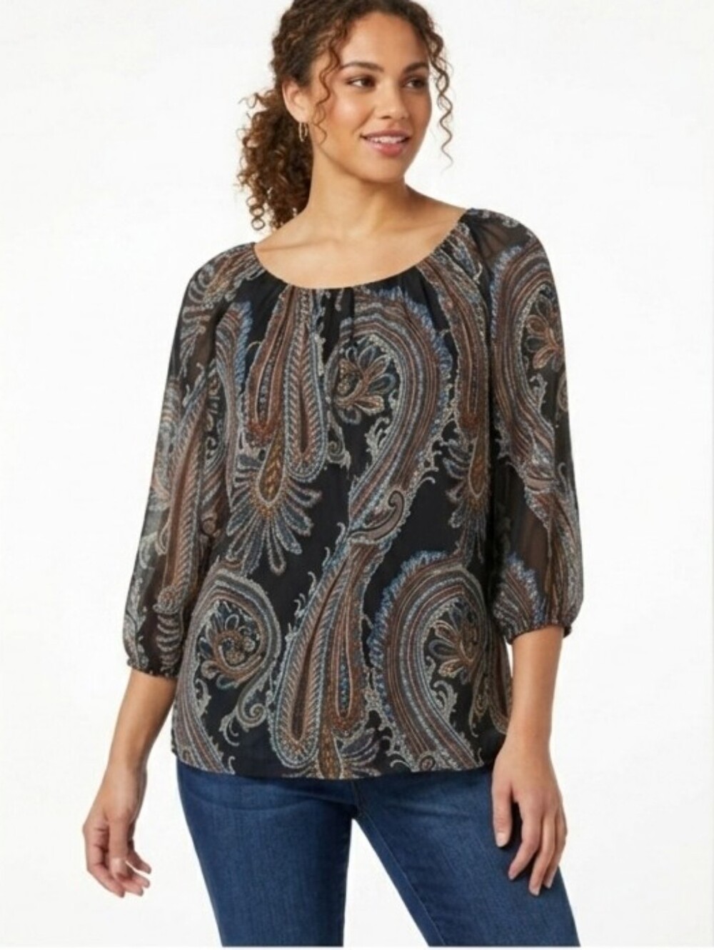 Cato Women's Small Paisley Blouse Sheer Boho Peasant Top Blue Brown Black S